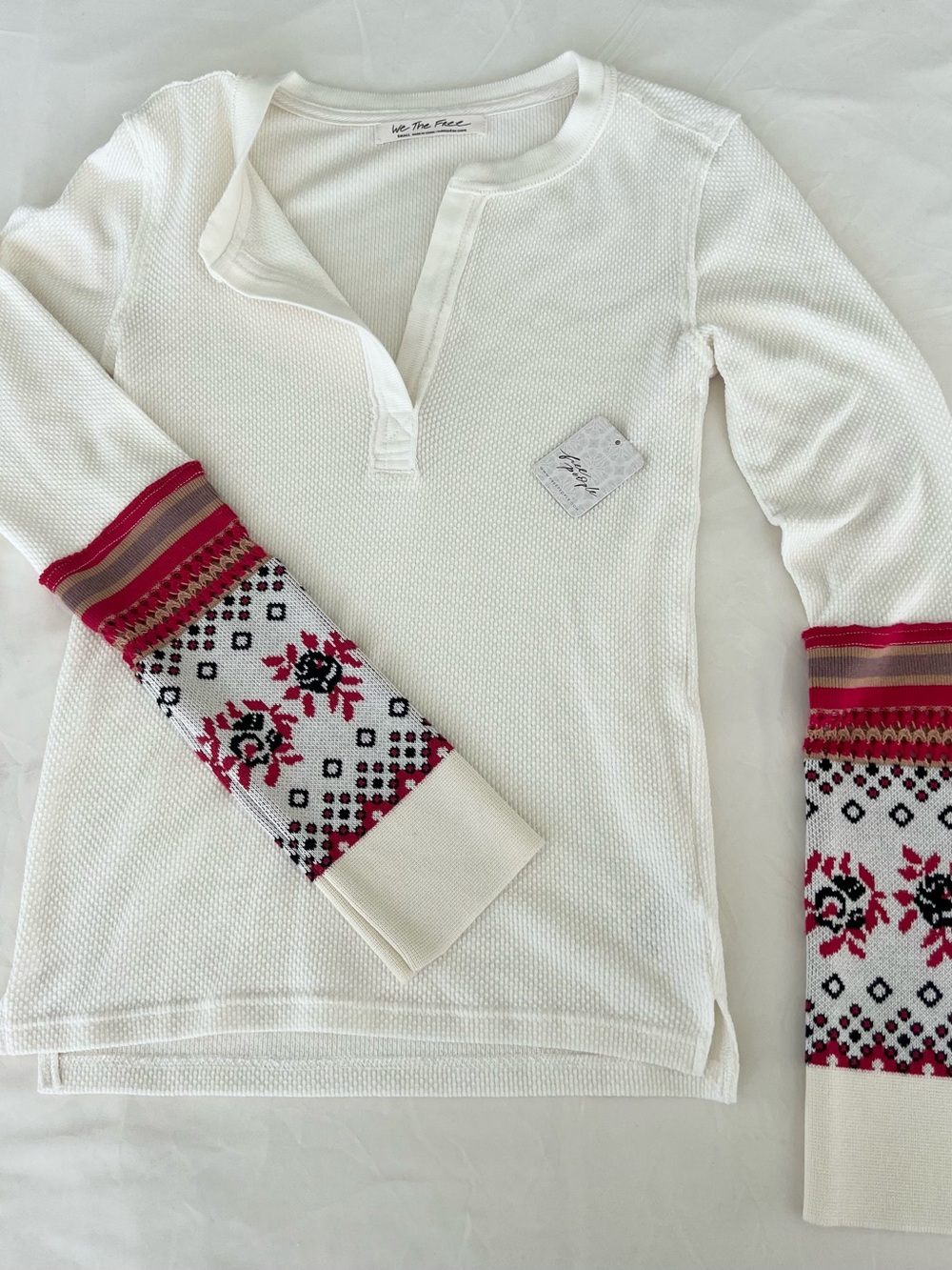 We The Free Women's Cream Thermal Tunic with Red Patterned Cuffs